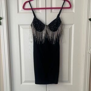 Hot & Delicious Black Mini Dress with Silver Beading